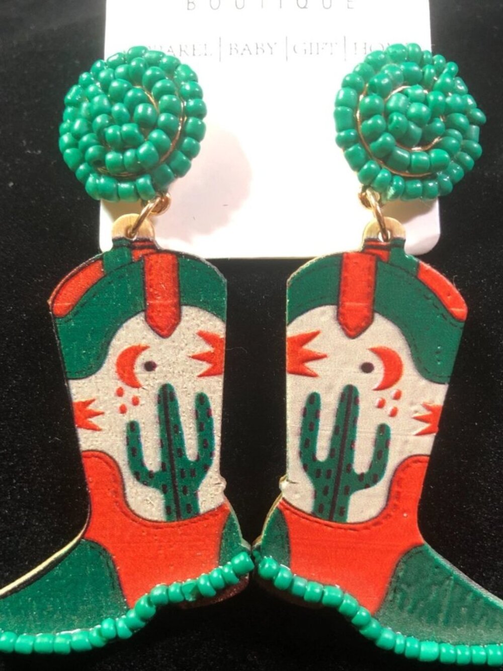 Green & Orange Western Cowboy Boots Pierced Earrings, horse, riding, equestrian